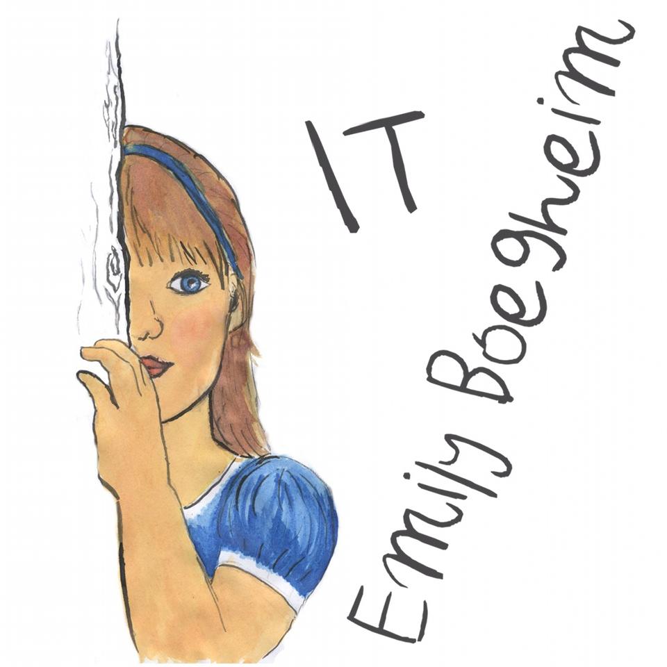 The cover art of It, by Emily Boegheim. It is an ink and watercolour picture showing a young girl peeking out from behind a tree.